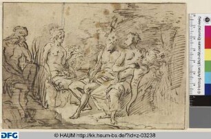 Vier Götter beieinander sitzend, darunter Poseidon, Juno
