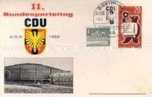 Erinnerungs-Postkarte mit Marke und Sonderstempel zum 11. Bundesparteitag der CDU