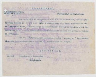 Anordnung des Kriegsministeriums, für Gehaltsauszahlungen einen 3-monatigen Kassenbestand bereitzuhalten