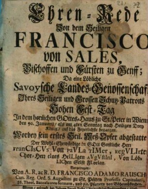 Ehrenrede von d. heil. Franc. v. Sales