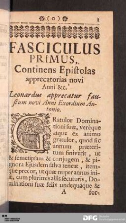 Fasciculus Primus. Epistolas apprecatorias.