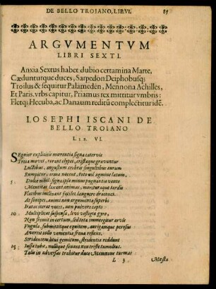 Argumentum Libri Sexti. ... Josephi Iscani De Bello Troiano Lib. VI.