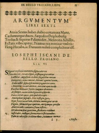 Argumentum Libri Sexti. ... Josephi Iscani De Bello Troiano Lib. VI.
