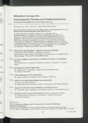 [Ringvorlesung:] Feministische Theorie und Postkolonialismus