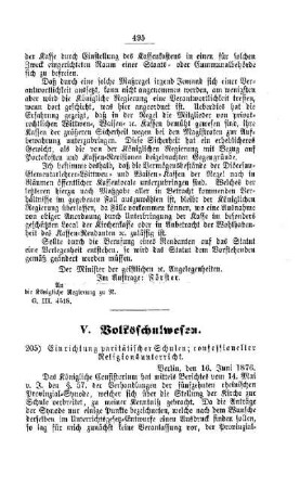Einrichtung paritätischer Schulen; confessioneller Religionsunterricht : [V. Volksschulwesen]