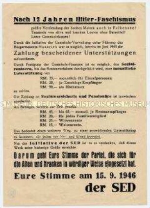 Wahlaufruf der SED zur Stimmabgabe für die Partei bei den Gemeindewahlen, mit Hinweis auf ihre Initiative für die Rentenauszahlung