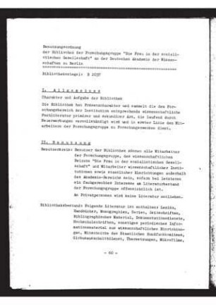 Benutzungsordnung der Bibliothek der Forschungsgruppe "Die Frau in der sozialistischen Gesellschaft"