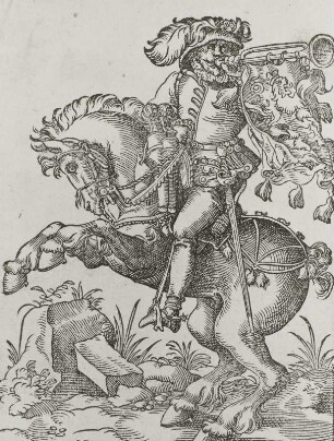 Trompeter, nach links reitend : Amman, Jost: Trompeter, nach links reitend. Aus: Das Kunst- und Lehrbüchlein, Ausgabe von 1669. Holzschnitt; 12,6 x 9,6 cm. Dresden: Kupferstich-Kabinett 1925-251 in A 138 c. A 237-46