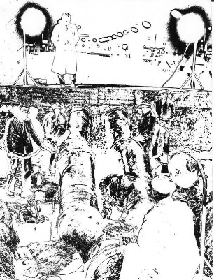 Experimentelle Fotografie von Germin. Verfremdung einer Aufnahme einer nächtlichen Rohrverlegung der Gaswerke 1972.