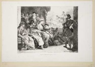 Hamlet lässt die Schauspieler die Szene der Ermordung seines Vaters spielen, Blatt 6 der Folge "Illustrationen zu Shakespears Hamlet"