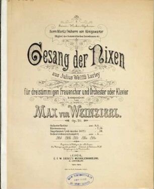 Gesang der Nixen : aus Julius Wolff's Lurley ; für dreistimmigen Frauenchor und Orchester oder Klavier ; op. 70