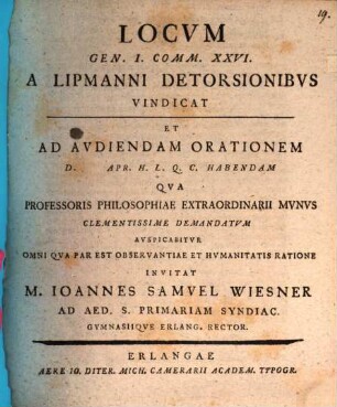 Locum Genes. I, 26. a Lippmanni detorsionibus vindicat : [Progr.]