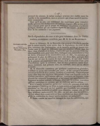 Sur la dégradation du cæur et des gros vaisseaux dans les Ostéozoaires, ou animaux vertébrés;