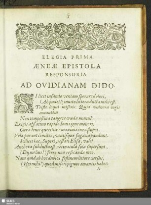 Elegia Prima. Aeneae Epistola Responsoria Ad Ovidianam Dido