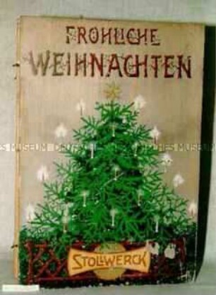 Holzkasten mit zwei Verschlusshaken für Konfekt? "FRÖHLICHE WEIHNACHTEN STOLLWERCK" (Abbildung Weihnachtsbaum)