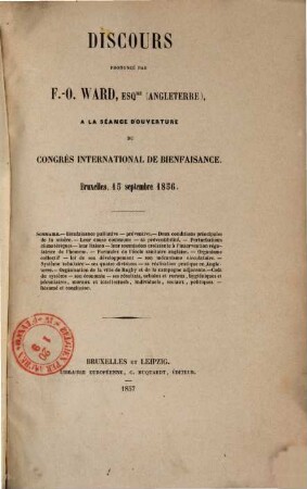 Discours prononcé par F. O. Ward à la séance d'ouverture de congrès international de bienfaisance : Bruxelles, 15 septembre 1856