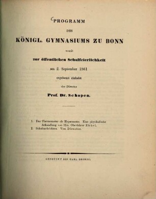 Programm des Königlichen Gymnasiums zu Bonn : Schuljahr .... 1860/61