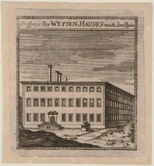 Das zerstörte Waisenhaus in Zittau in der Oberlausitz nach dem Bombardement durch österreichische Truppen gegen die preußische Besatzung am 23. Juli 1757 während des Siebenjährigen Krieges, aus Montalegres Sechs Stadt Zittau