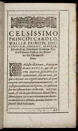 Celsissimo Principi Carolo, Walliae Principi, Duci Cornubiae ...