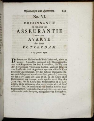 No. VI. Ordonnantie op het Stuk van Asseurantie ende van Avarya der Stadt Rotterdam.