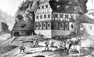 Reinhardtsdorf-Schöna-Schöna. Hirschmühle in der Sächs. Schweiz, Sepiazeichnung von Gustav Täubert, aus: Über Berg und Tal, 22. Jg., Nr. 9, S. 173, Ausschnitt