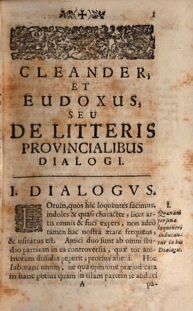 Cleander et Eudoxus seu de provincialibus litteris dialogi, quibus Societas Jesu a gravibus adversantium calumniis in geniose, eleganter, docte, solide vindicatur