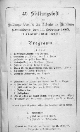 1885: Programm // ... Stiftungs-Fest des Bildungs-Vereins für Arbeiter in Hamburg ...