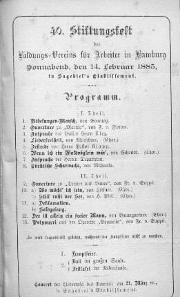 1885: Programm // ... Stiftungs-Fest des Bildungs-Vereins für Arbeiter in Hamburg ...