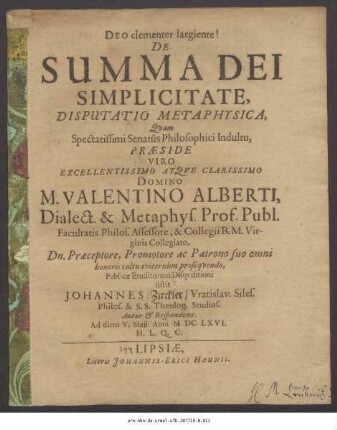 De Summa Dei Simplicitate, Disputatio Metaphysica