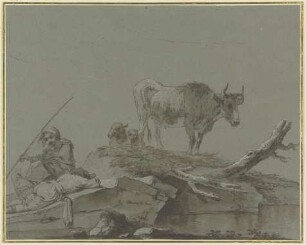 Zwei Hirten mit einer Kuh und zwei Schafen