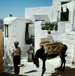 Syros. Ano Syra. Der Kreidehändler unterwegs in den Treppengassen