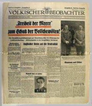 Tageszeitung der NSDAP "Völkischer Beobachter" u.a. zur Agrargesetzgebung und zum Geburtstag von Rudolf Heß