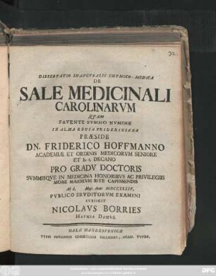 Dissertatio Inavgvralis Chymico-Medica De Sale Medicinali Carolinarvm