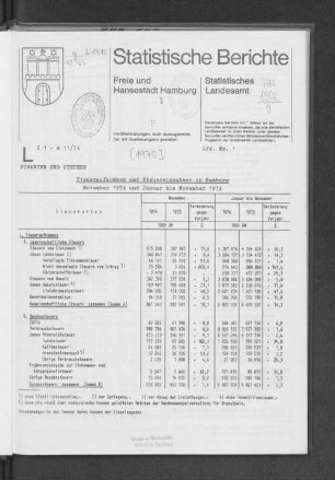 Steueraufkommen und Steuereinnahmen in Hamburg November 1974 und Januar bis November 1974 : Lfd. Nr. 1