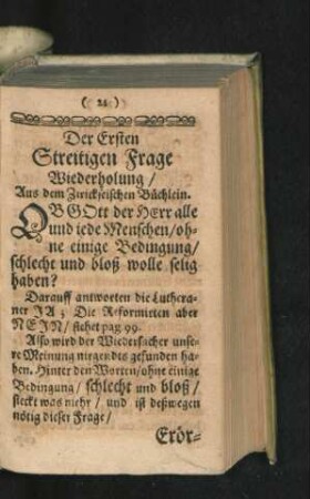Der Ersten Streitigen Frage Wiederholung/ Aus dem Zirickseisischen Büchlein.