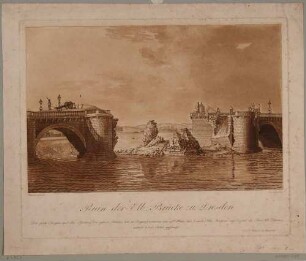 Die durch Napoleonische Truppen am 19. März 1813 gesprengte Augustusbrücke in Dresden