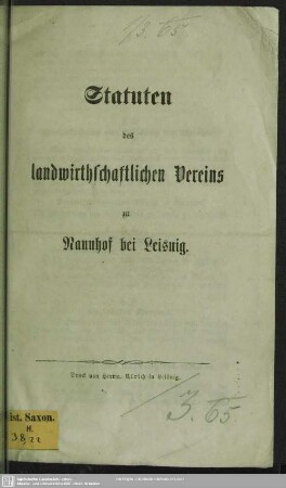 Statuten des landwirthschaftlichen Vereins zu Naunhof bei Leisnig