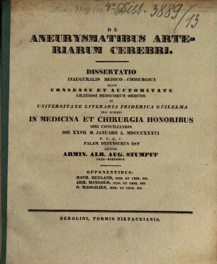 De aneurymatibus arteriarum cerebri : Dissertatio inauguralis medico-chirurgica