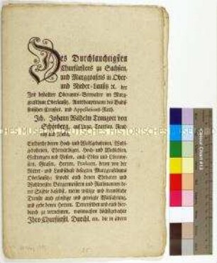 Patent des Oberlausitzer Oberamtsmannes Johann Wilhelm Traugott zur Publikation des Mandats von Friedrich August III. Kurfürst von Sachsen betreffend Lehnsanwartschaften