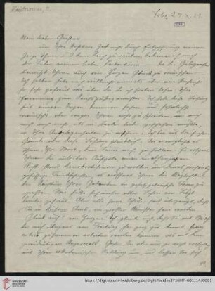 Nachlass Gustav Radbruch. Korrespondenz Hermann Kantorowicz/Gustav Radbruch: Brief von Hermann Kantorowicz an Gustav Radbruch
