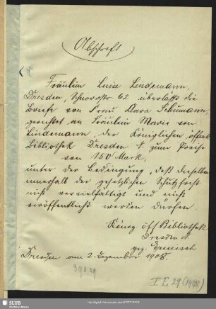 Abschrift einer Notiz von Ermisch zur Provenienz der Briefe. Dresden, 2.12.1908