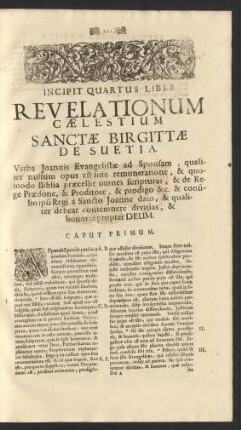 Incipit Quartus Liber Revelationum Caelestium Sanctae Birgittae De Suetia. Caput Primum. - Caput CXLIV.