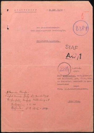 Angeklagter: Armbruster, Karl (Landwirt); Menzenschwand *17.10.1888 in Bühlertal; + ? Delikt: Vergehen gegen das Heimtückegesetz Tatort: Menzenschwand Tatzeit: Dezember 1943