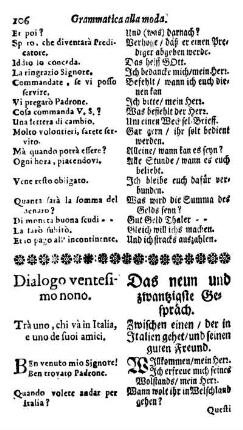 Dialogo ventesimo nono. Trà uno, chi và in Italia, e uno de suoi amici. / Das neun und zwanzigste Gespräch. Zwischen einen, der in Italien gehet, und seinen guten Freund.