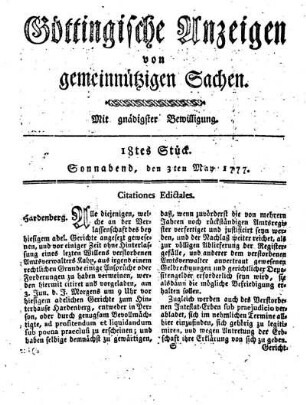 18tes Stück. Sonnabend, den 3ten May 1777.