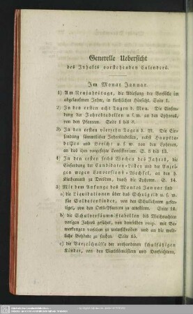 Generelle Uebersicht des Inhalts vorstehenden Calenders