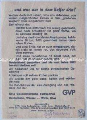 Handzettel der GVP gegen die einseitige Westorientierung der Adenauer-Regierung