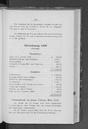 Abrechnung 1909 (Auszug).