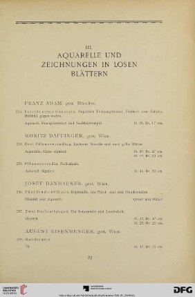 III. Aquarelle und Zeichnungen in losen Blättern (Nr. 233-281)