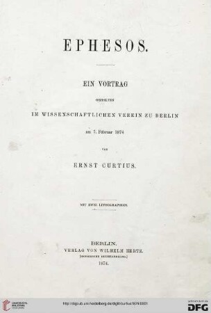 Ephesos : ein Vortrag, gehalten im wissenschaftlichen Verein zu Berlin am 7. Februar 1874